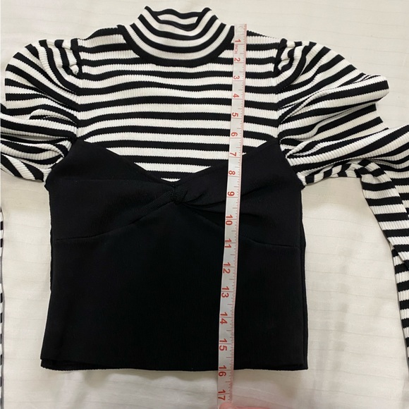 Zara Striped Puff Sleeve Corset Crop Turtleneck Sweater Black/White size Small - Picture 11 of 11